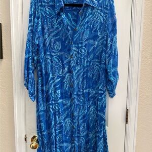 Soft Surroundings Blue Tropical Rayan Knee Length Button Down Dress